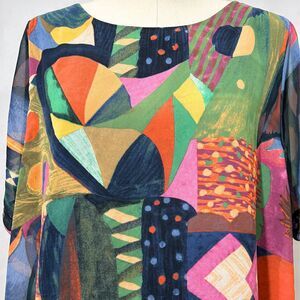 Abstract Art Print Blouse Womens M Colorful Layered Sheer Boho Artsy Top